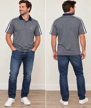 Nautica Men's Polo Shirt Medium Gray Navy Striped Sleeve Golf Casual